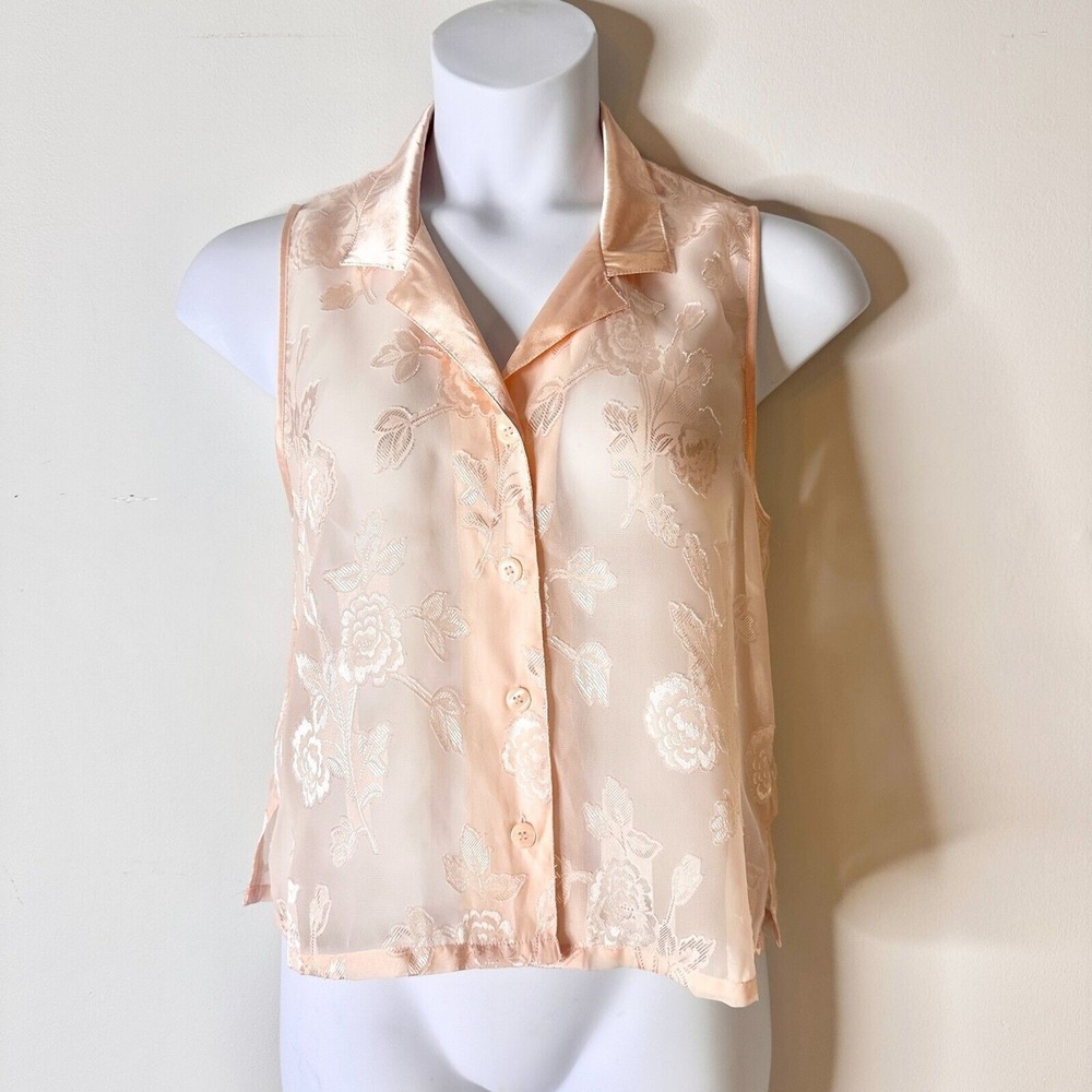 Oscar De La Renta Top Women XL Pink Label PJ Top Sheer Floral Burnout Sleeveless